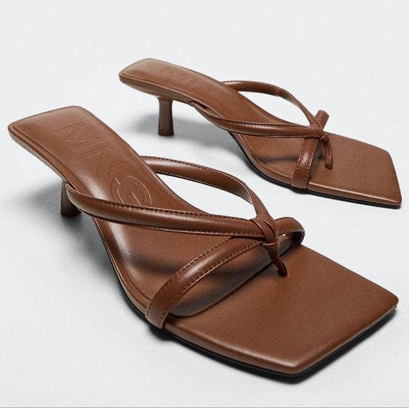 Mango Shoes - Mango MNG Strappy Brown Leather Sandals Kitten Heels Square Toe Sz 8.5 US, 39 EU